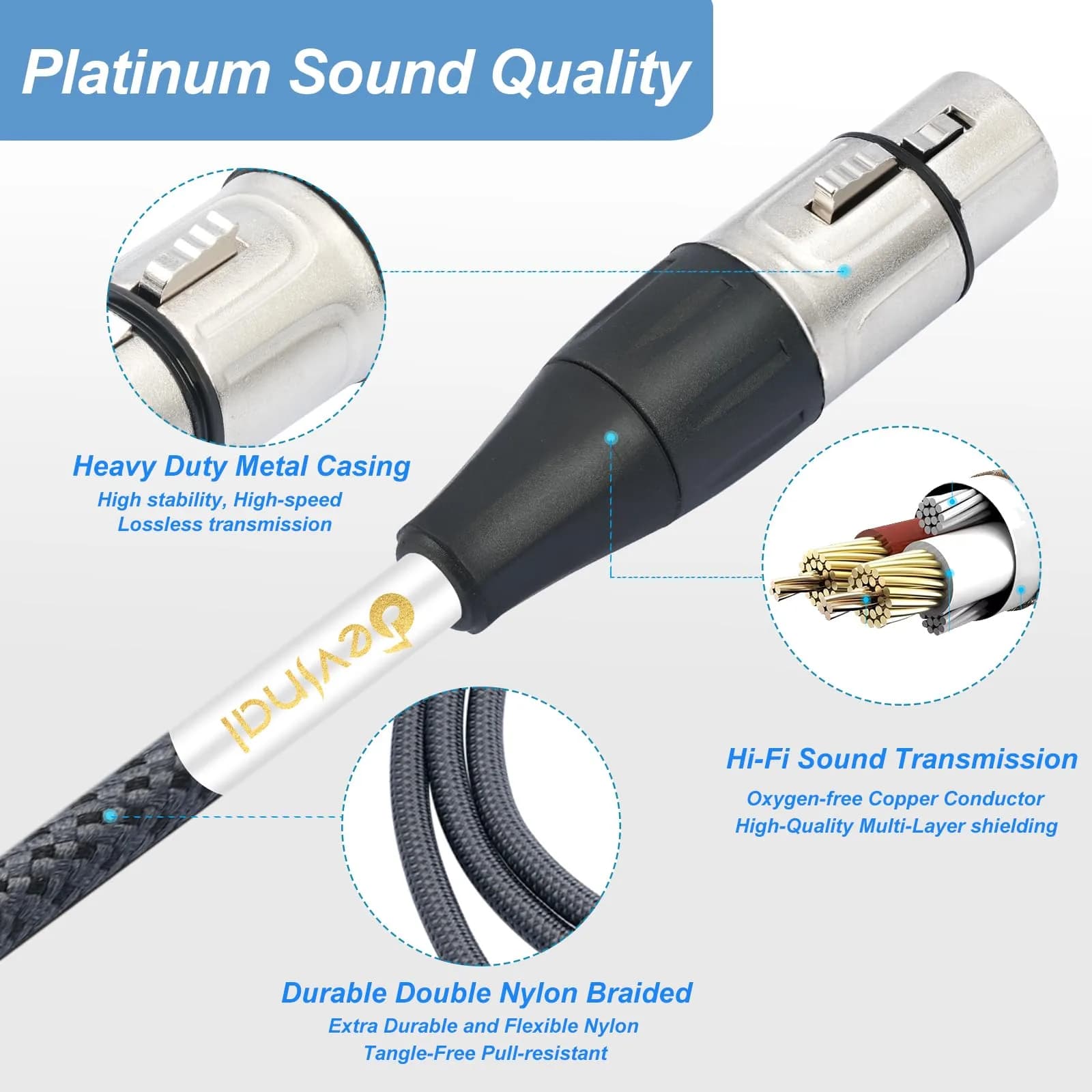 Devinal Silver XLR to USB C Cable 3M | High Fidelity Digital Audio Recording - view 3