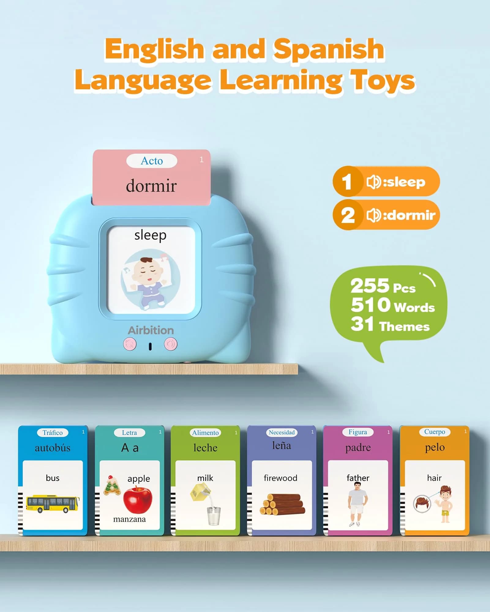 Airbition Bilingual Talking Flash Cards Blue | Learn Spanish & English with 512 Words - view 2