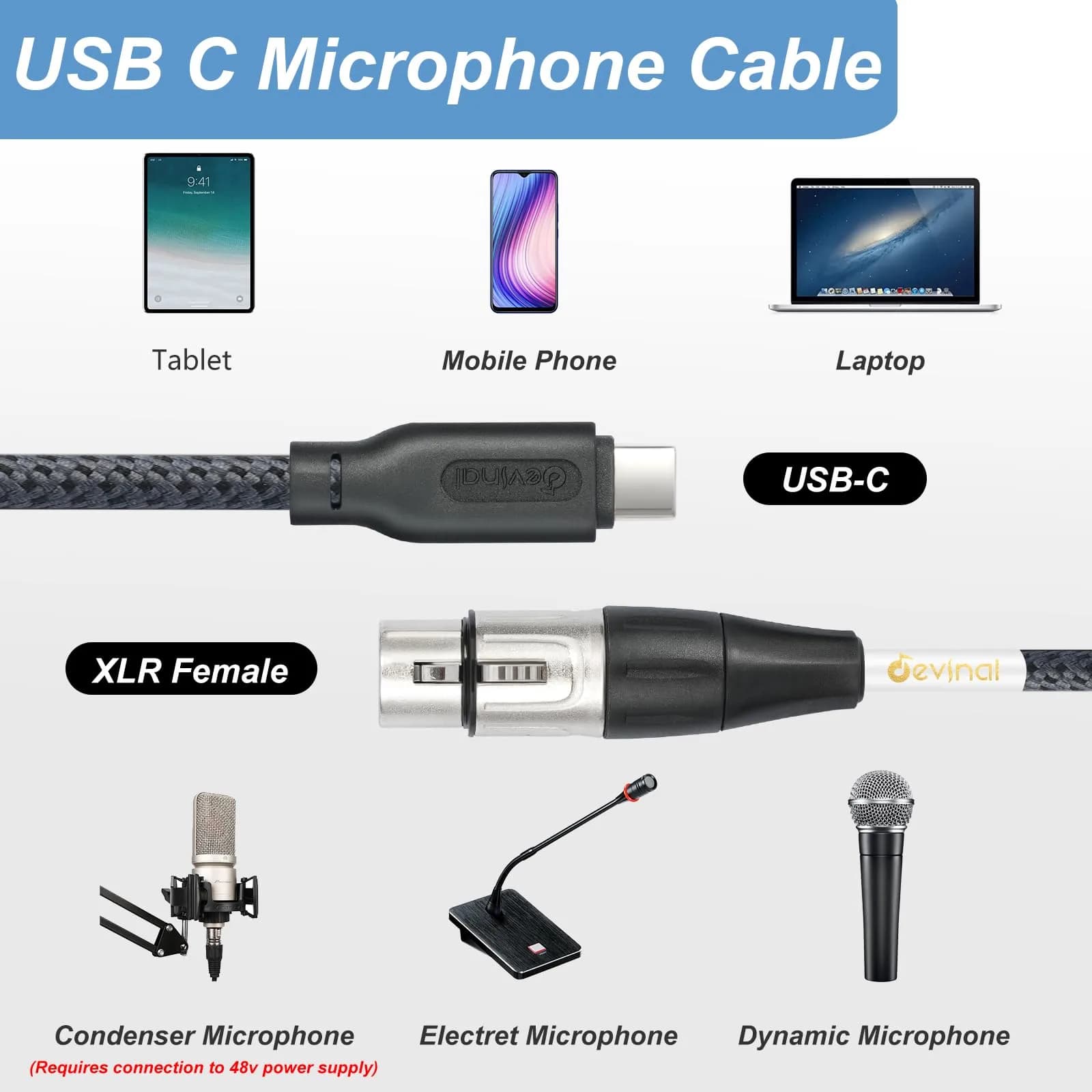 Devinal Silver XLR Female to USB C Cable 2M (6.5 FT) for High Fidelity Digital Audio Recording - view 2
