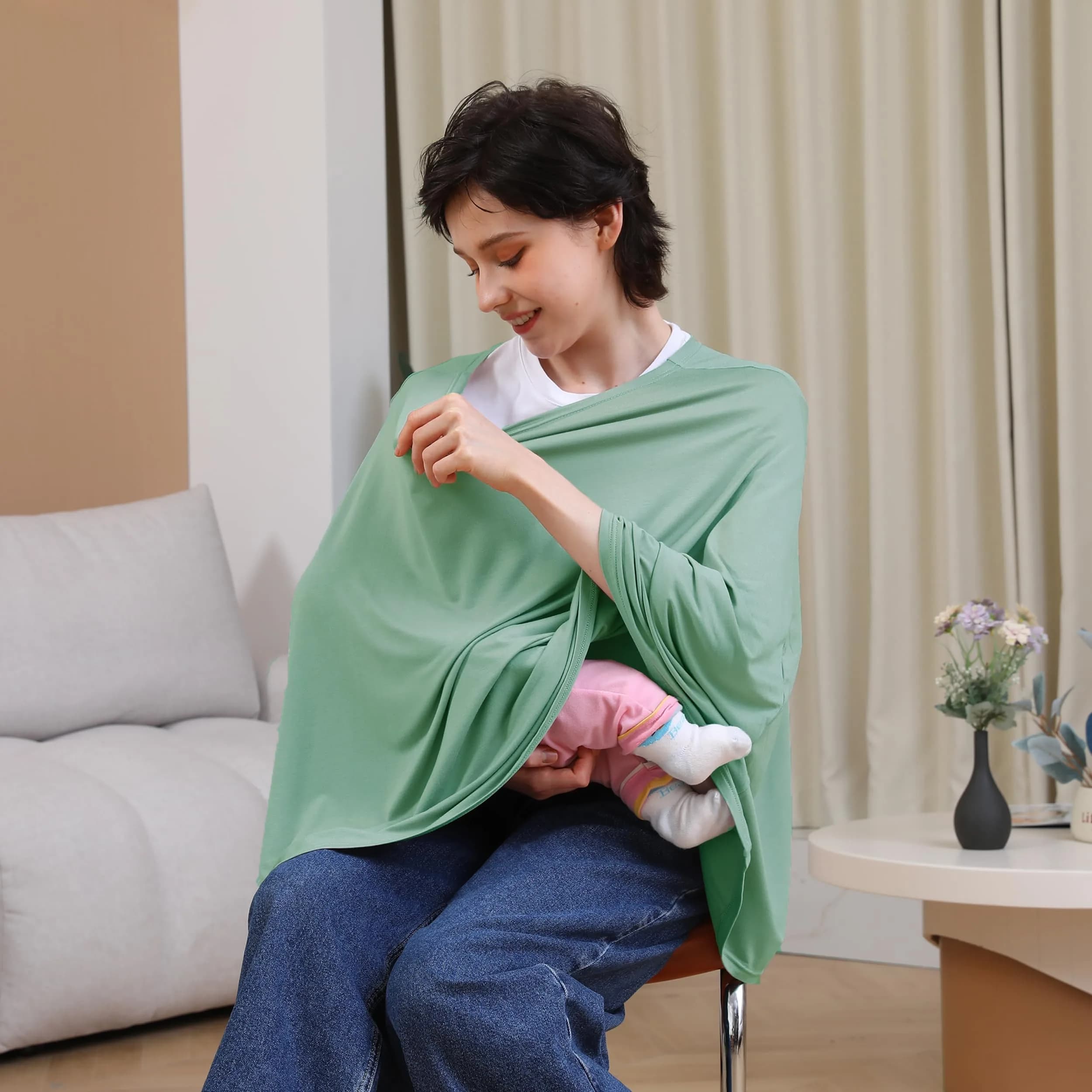 Seejoy Nursing Cover Sage Green Smooth Rayon | 120cm (47.2" Shoulder to Bottom Hem) - 360° Coverage for Breastfeeding - view 5