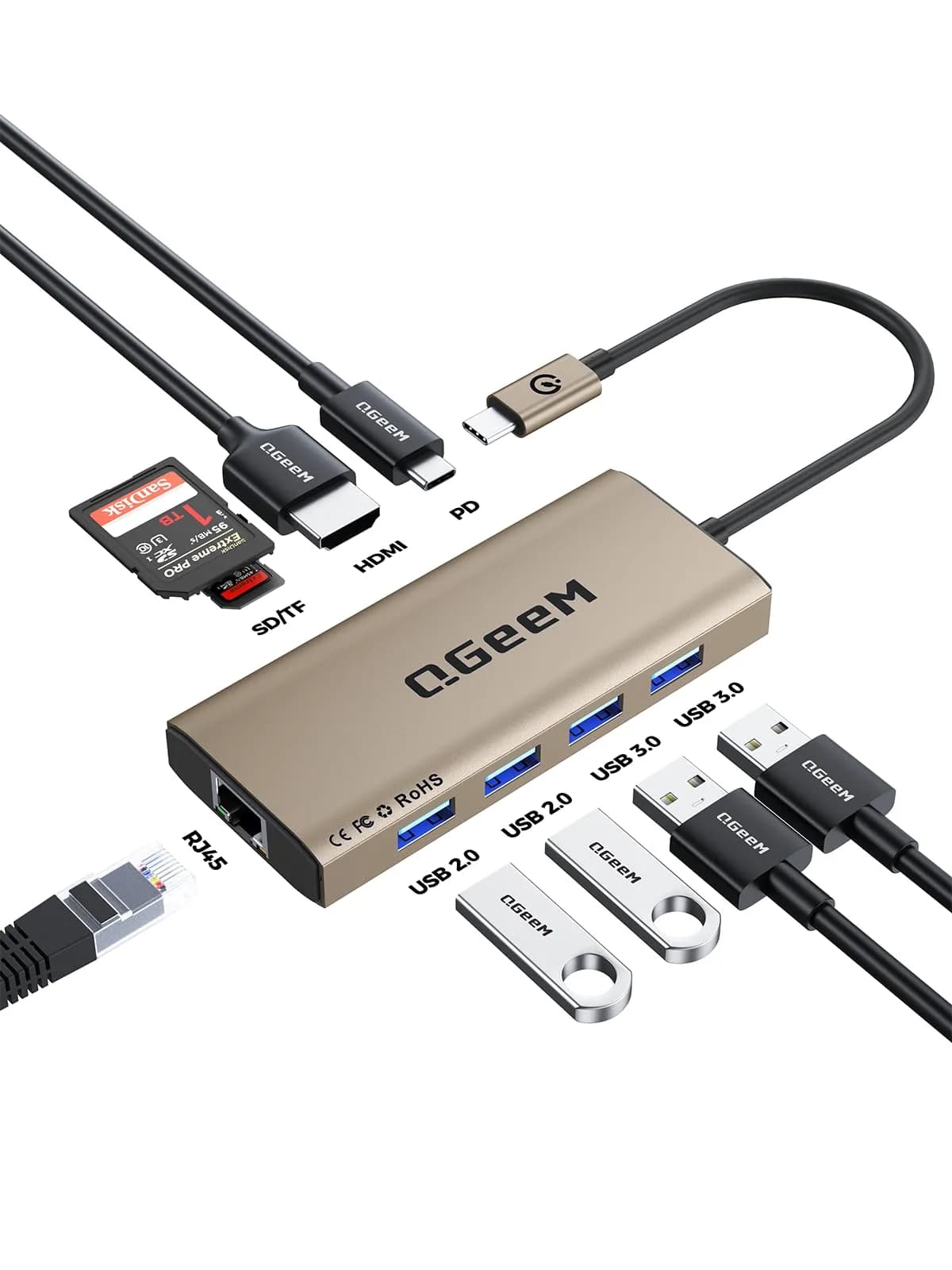 QGeeM USB C Hub 9 in 1 Multi-Port Adapter | 4K HDMI, 100W PD, Ethernet, SD/TF Card Reader - main product image