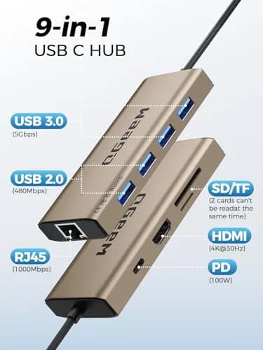 QGeeM USB C Hub 9 in 1 Multi-Port Adapter | 4K HDMI, 100W PD, Ethernet, SD/TF Card Reader thumbnail 2