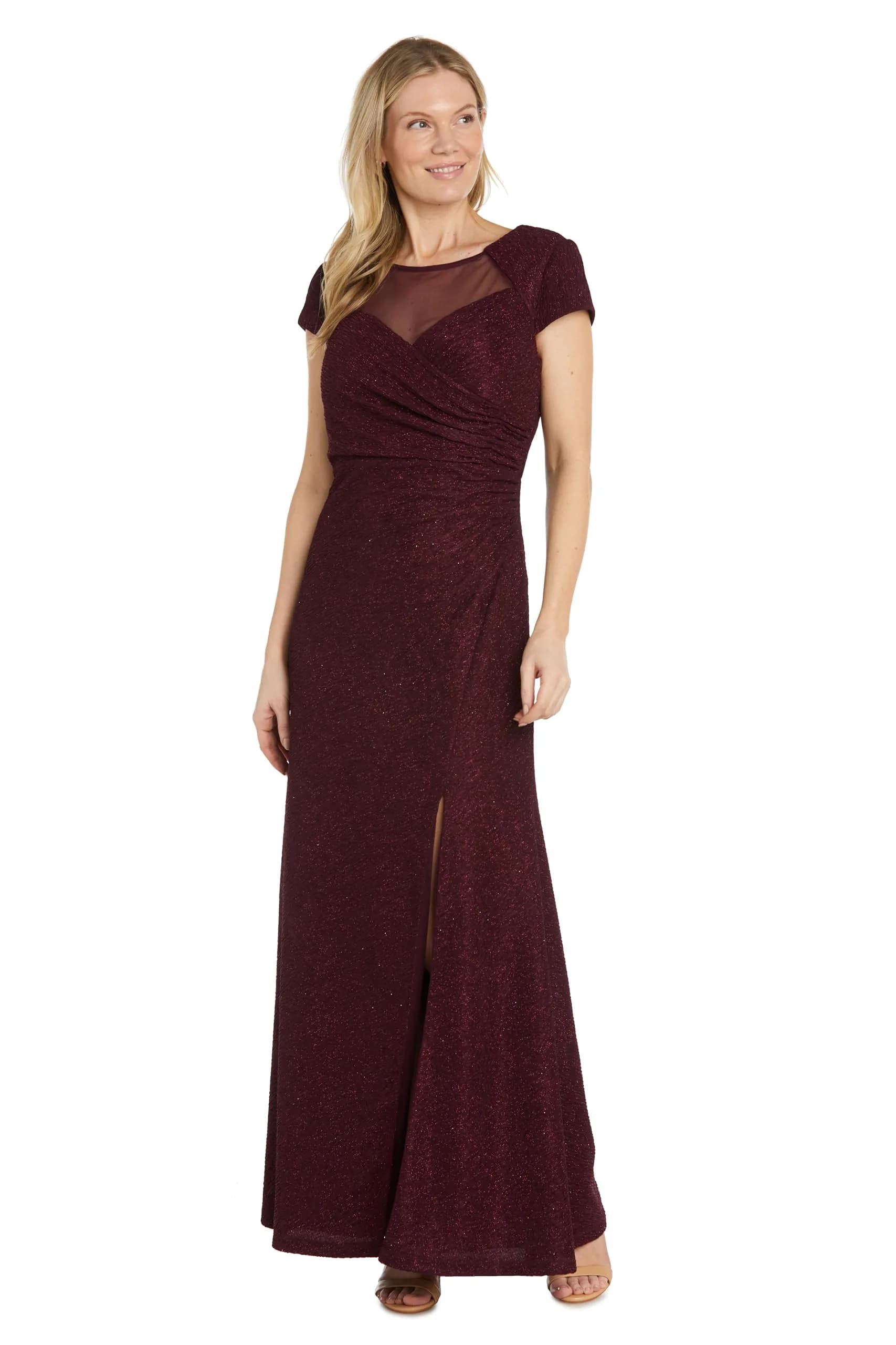 NIGHTWAY Women's Long Glitter Knit Dress W/Sweetheart Neckline & High Slit | Evening Cocktail Wedding Party — Merlot