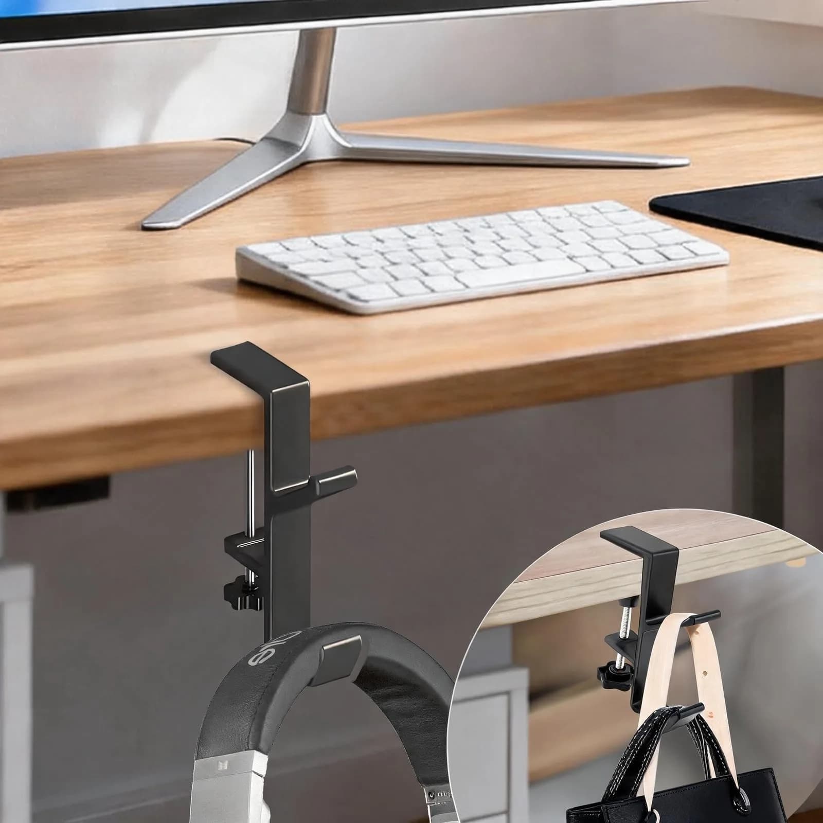 CaLeQi White 2 Pcs Double Hook Clamp Mount for Desks & Tables | Holds up to 13.6 kg (30 lb) — 1 Pcs-Double Hook Black