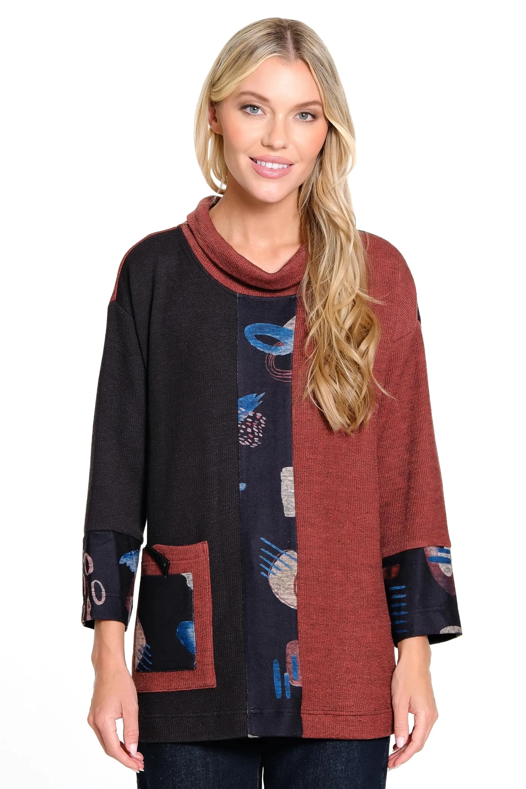 Ali Miles Ribbon Textured Knit Cowl Neck Tunic with Patch Pocket | Versatile Casual Style (70-120 chars)