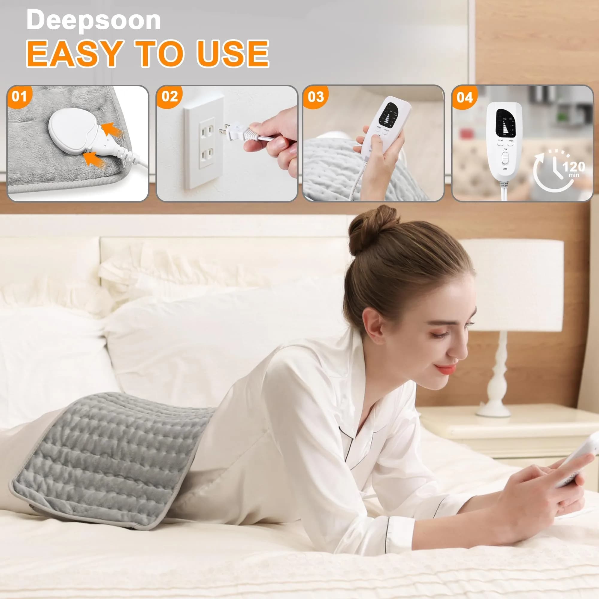 Deepsoon Grey Electric Heating Pad 61x30.5 cm (24x12 Inch) | Soothes Back & Neck Pain with 6 Heat Levels - view 3