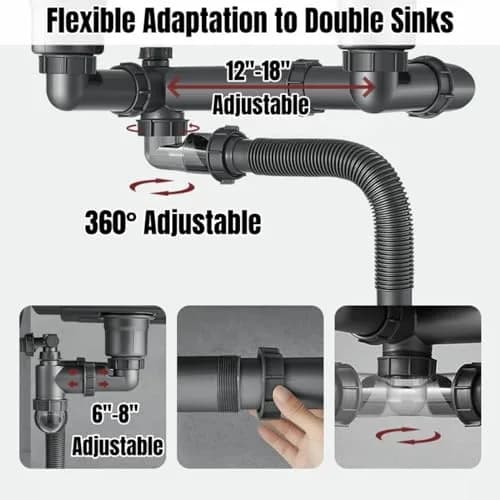 COLDDD Flexible Double Kitchen Sink Drain Kit 1-1/2 in | Space-Saving, Durable, Easy Install thumbnail 2