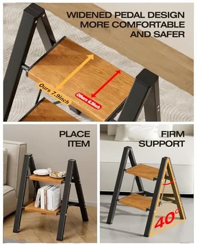 Taranta 2 Step Aluminum Ladder Foldable BlackWoodgrain | Compact, Safe & Lightweight (70-120c) thumbnail 7