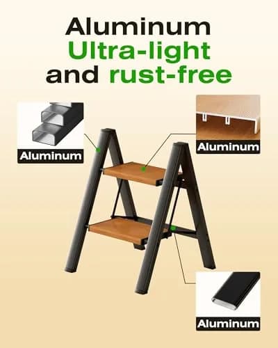 Taranta 2 Step Aluminum Ladder Foldable BlackWoodgrain | Compact, Safe & Lightweight (70-120c) thumbnail 3