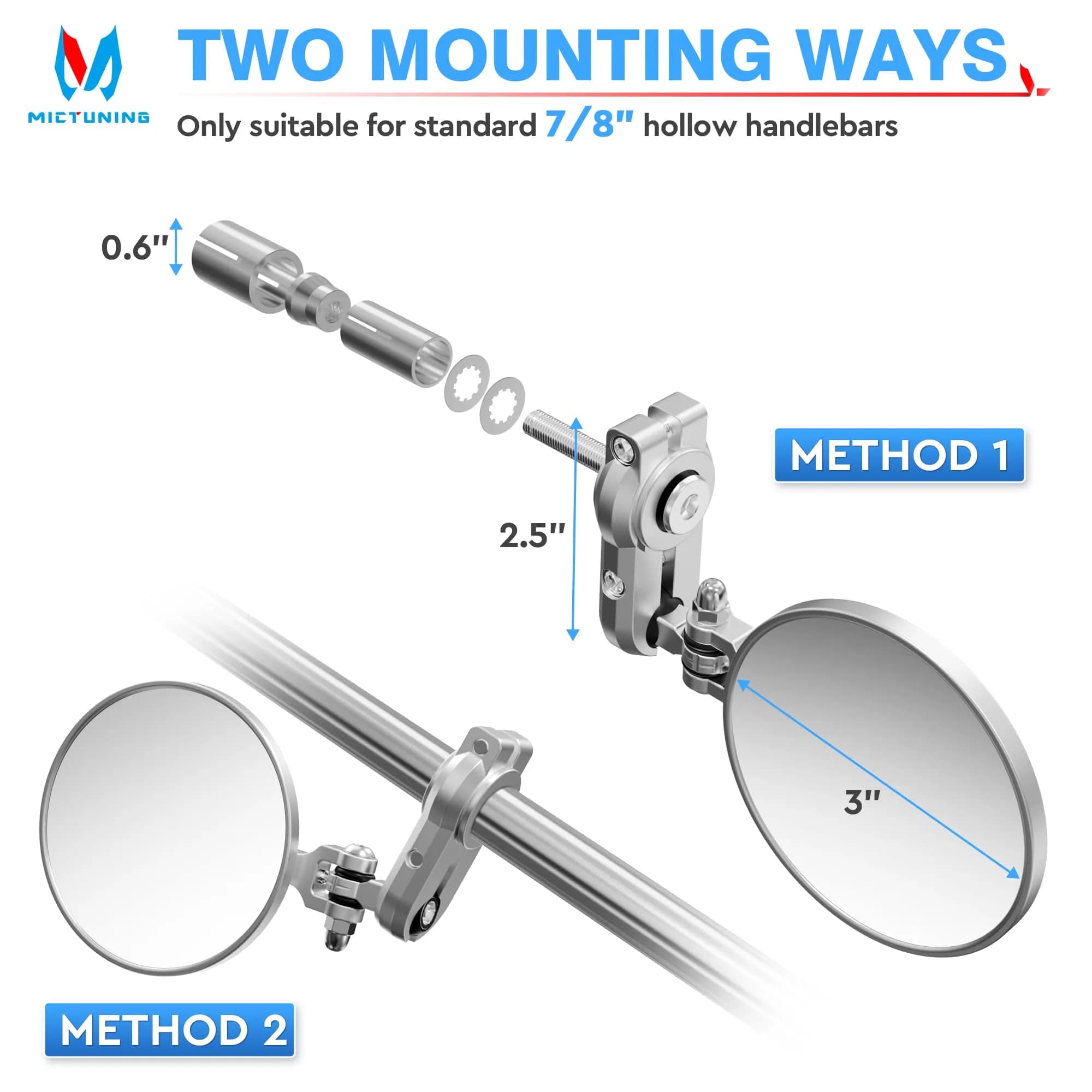 MICTUNING 7/8" Universal Motorcycle Mirrors - 3 Inch Round Folding Bar End Side Mirror | 7.6 cm Round Convex Glass - view 6