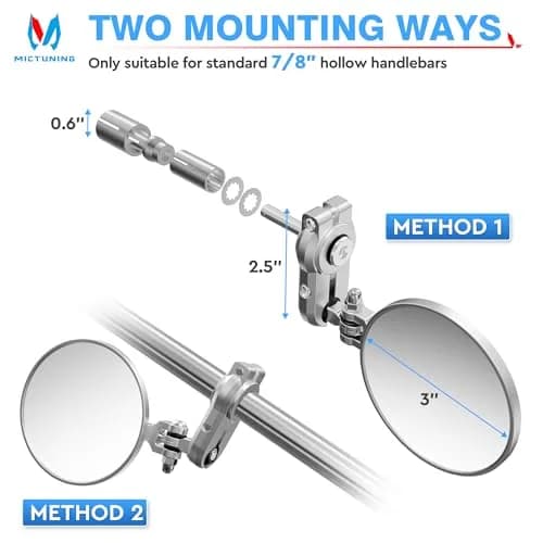 MICTUNING 7/8" Universal Motorcycle Mirrors - 3 Inch Round Folding Bar End Side Mirror | 7.6 cm Round Convex Glass thumbnail 6