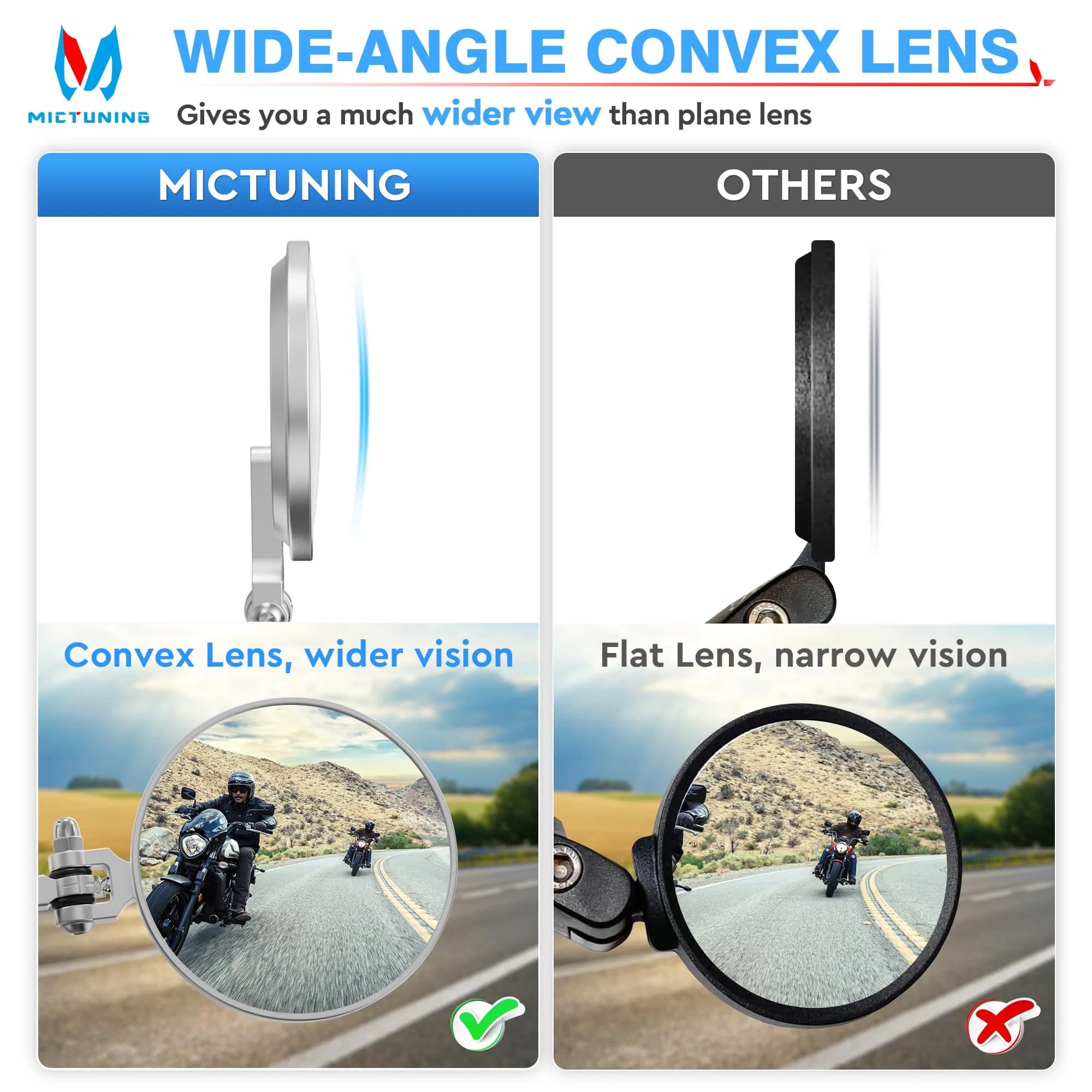 MICTUNING 7/8" Universal Motorcycle Mirrors - 3 Inch Round Folding Bar End Side Mirror | 7.6 cm Round Convex Glass - view 3