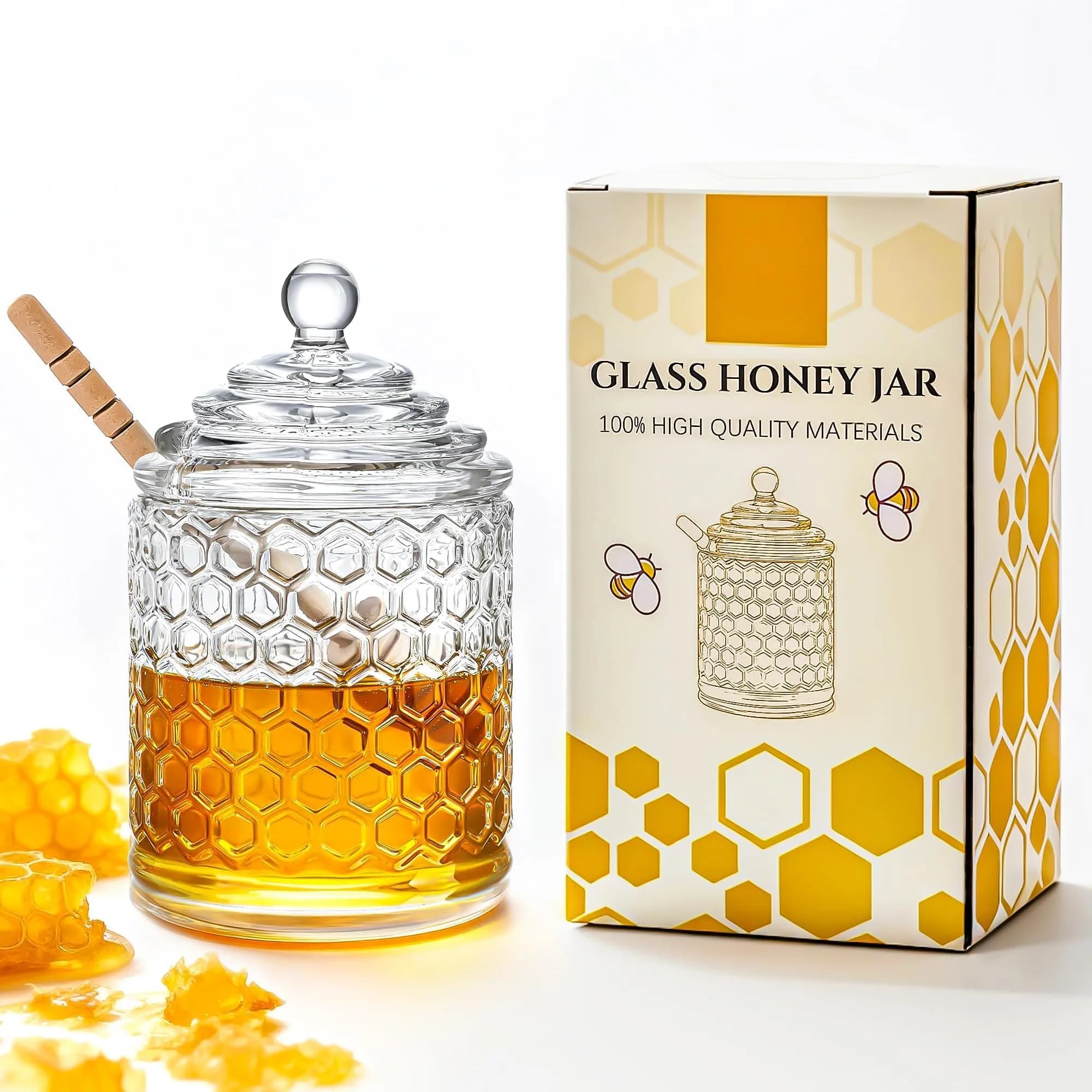 KANPURA 9 oz Crystal Honey Pot with Dipper | Glass Honey Jar Container with Dispenser