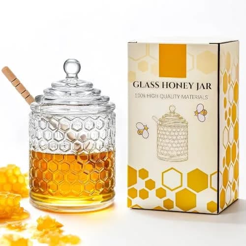KANPURA 9 oz Crystal Honey Pot with Dipper | Glass Honey Jar Container with Dispenser thumbnail 1
