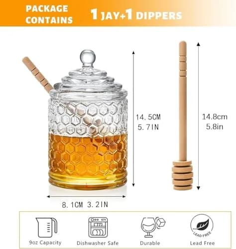 KANPURA 9 oz Crystal Honey Pot with Dipper | Glass Honey Jar Container with Dispenser thumbnail 3