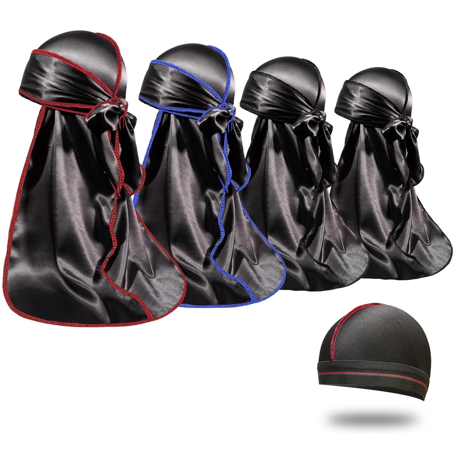 ForceWave Silky Satin Durags & Wave Cap Set for Men & Women - 4 Durags + 1 Cap (Black, Blue, Gray, Red) | Moisture-Retaining Fabric — Black,black,red Seam Black,blue Seam Black
