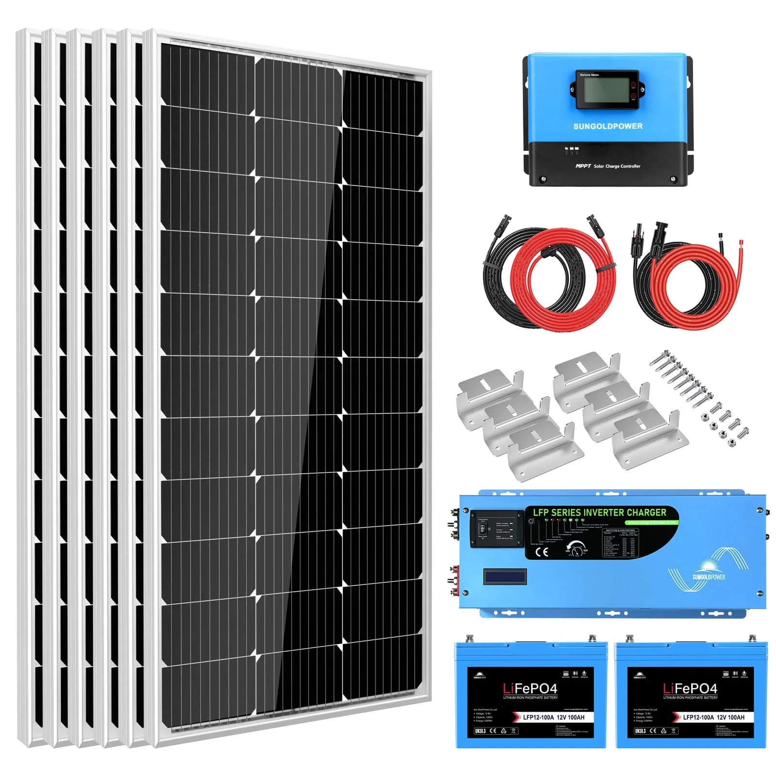 SGPWOSAY 3000W Pure Sine Wave Inverter Charger | 12V to 120V AC, Lithium Batteries, Solar Backup (3000W-2 100Ah Kit)