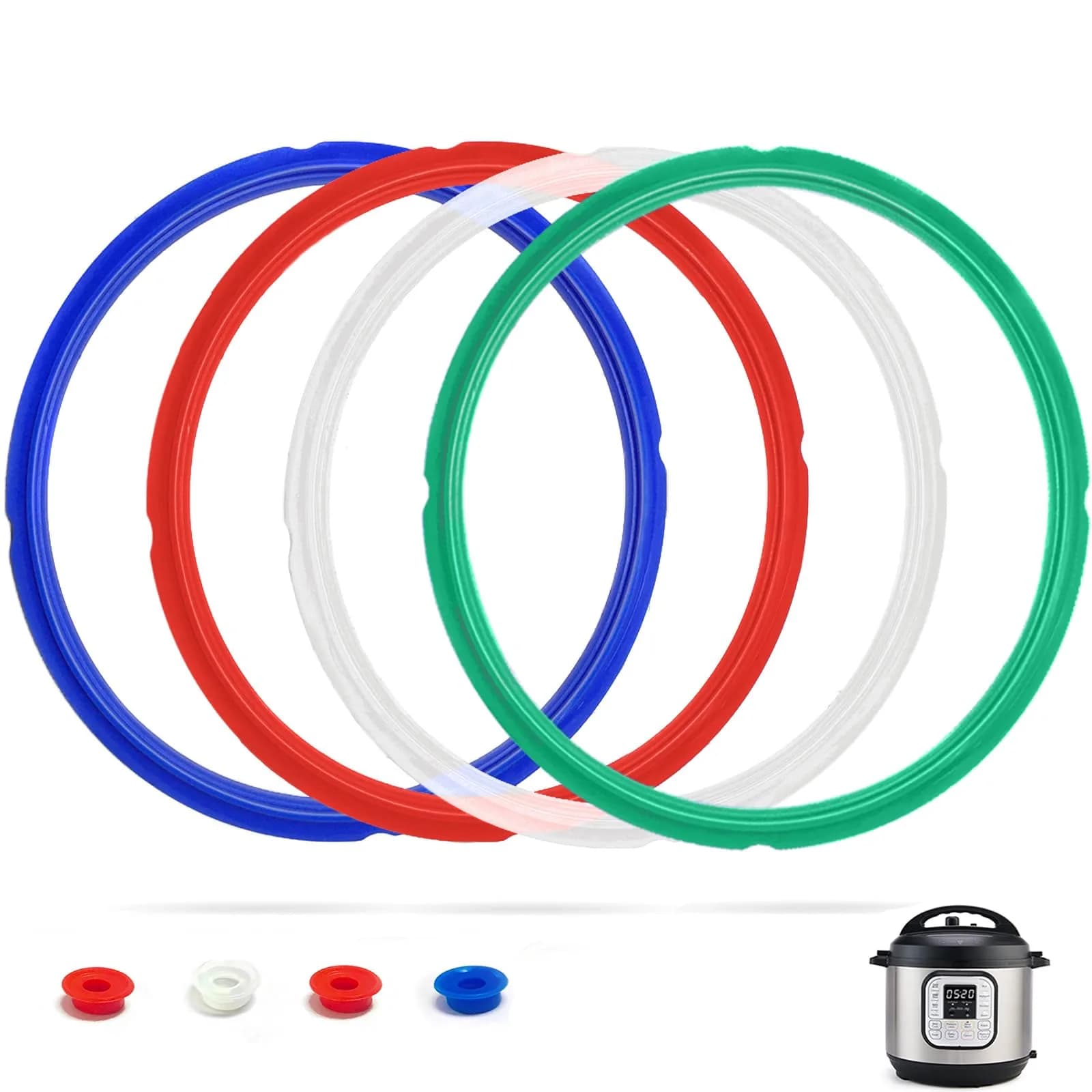 Fuator 8Qt Instant Pot Sealing Rings & Float Valve Caps | 4-Pack (Clear, Red, Blue, Green) - main product image
