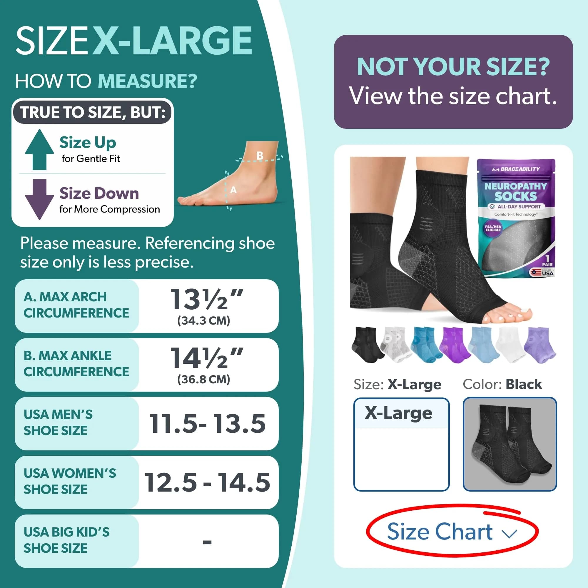 BraceAbility X-Large Black Neuropathy Socks - 1 Pair | FDA Approved Medical Compression - view 2