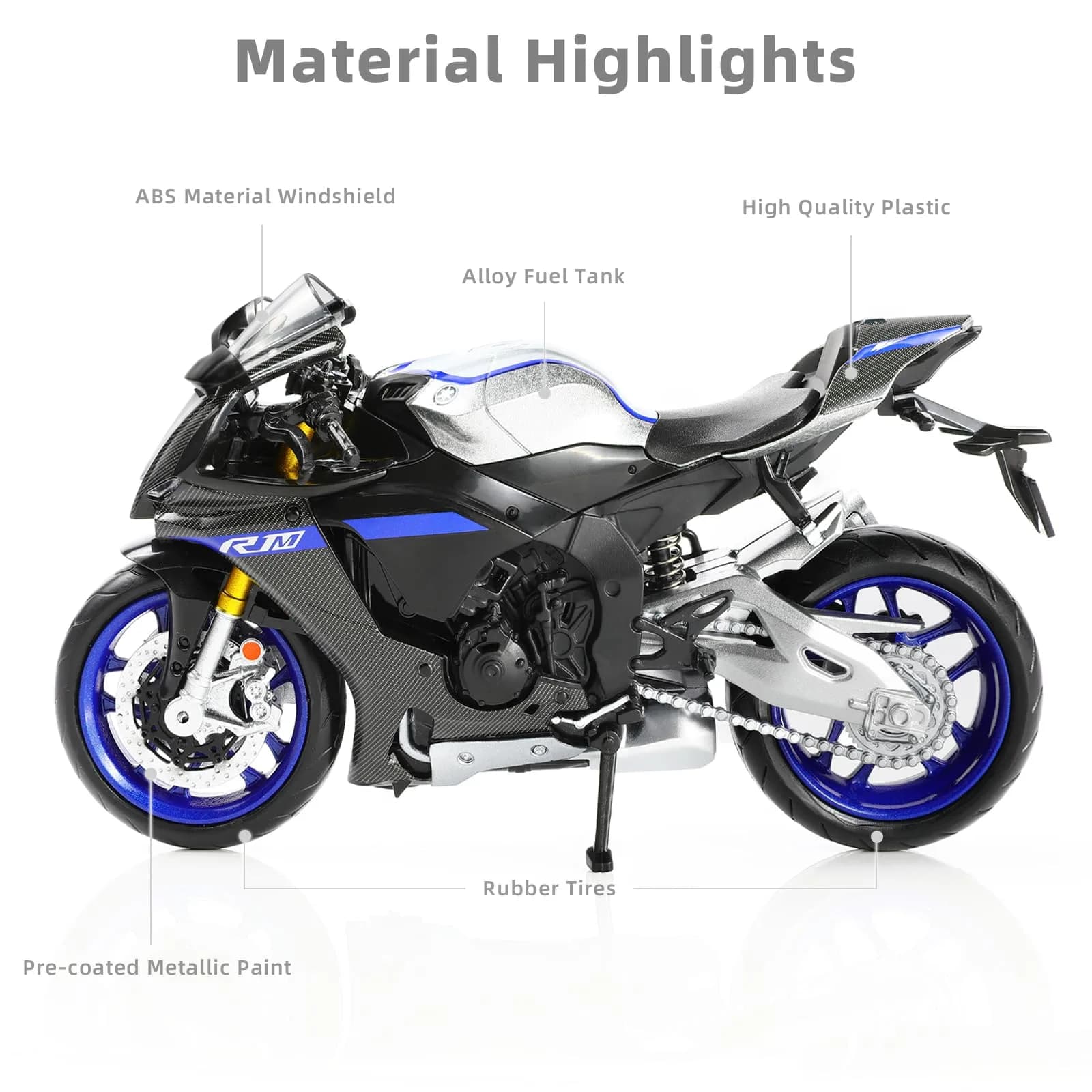 Risopen Yamaha YZF-R1M 1:12 Scale Die-cast Motorcycle Model | Silver & Black - view 3