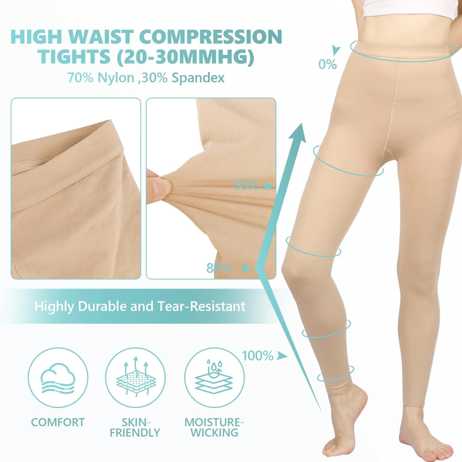 Laubawck Medical Compression Pantyhose for Women, 20-30 mmHg Graduated Support Tights | FDA Approved, Footless, Beige XX-Large (0.15 kg) - view 5