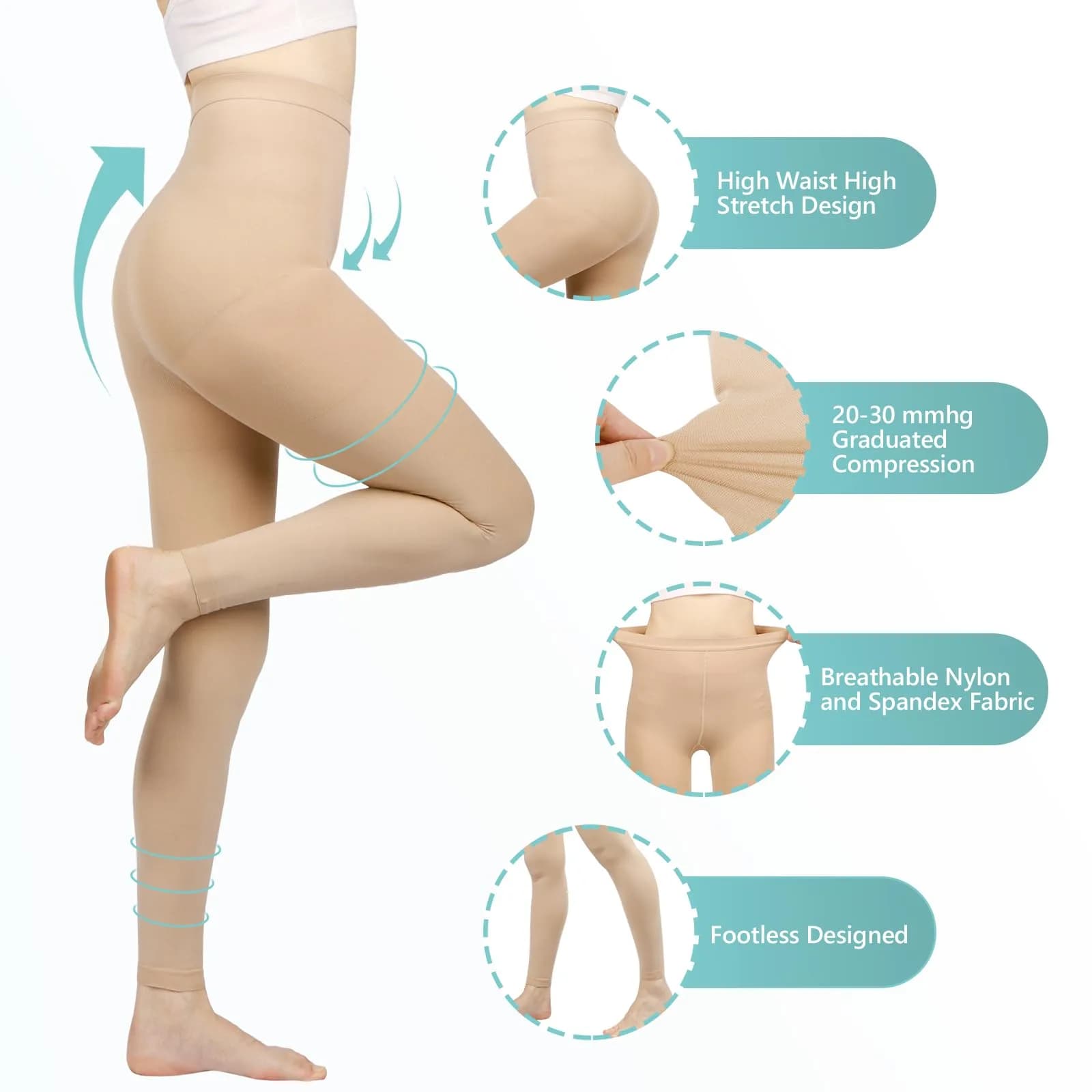 Laubawck Medical Compression Pantyhose for Women, 20-30 mmHg Graduated Support Tights | FDA Approved, Footless, Beige XX-Large (0.15 kg) - view 6