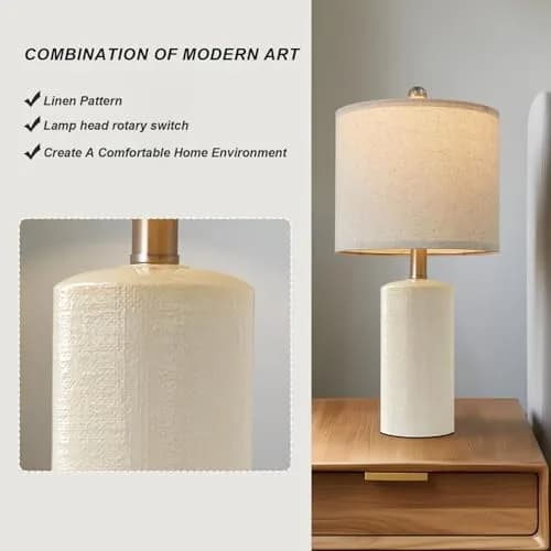 G-SAFAVA Modern Ceramic Table Lamp with Linen Shade 20.25" (51.4 cm) | Farmhouse Bedside Lamp for Bedroom thumbnail 3