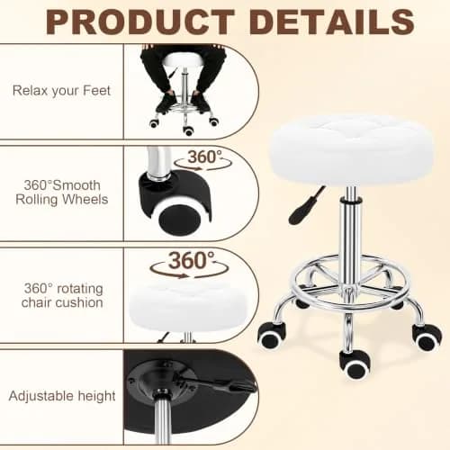 IBVIVIC PU Leather Rolling Stool Height Adjustable Round Swivel Stools | 250LBS Capacity, Waterproof PU Leather, Modern Design thumbnail 5