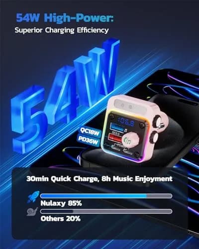 Nulaxy BC91 54W Bluetooth 5.3 Car Adapter FM Transmitter with 4-Port Fast Charging | PD36W QC18W USB C thumbnail 2