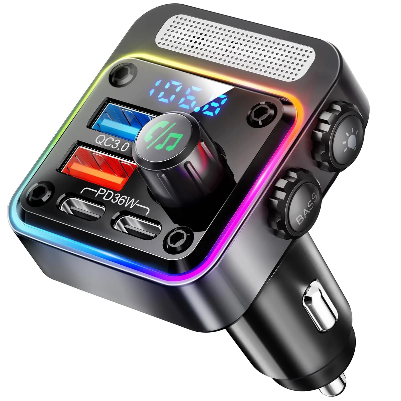 Nulaxy 54W Bluetooth 5.3 Car Adapter, FM Transmitter 4-Port Fast Charging | 54W High Power, 4 Ports, Bluetooth 5.3, Deep Bass, Night Lighting — A-Black