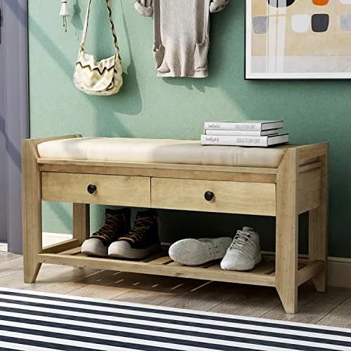 Acosure 39″ Storage Bench with Cushioned Seat and Drawers | Wooden Entryway Ottoman with Hidden Compartment thumbnail 1