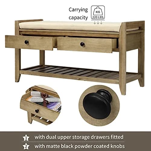 Acosure 39″ Storage Bench with Cushioned Seat and Drawers | Wooden Entryway Ottoman with Hidden Compartment thumbnail 5