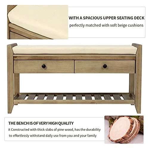 Acosure 39″ Storage Bench with Cushioned Seat and Drawers | Wooden Entryway Ottoman with Hidden Compartment thumbnail 6
