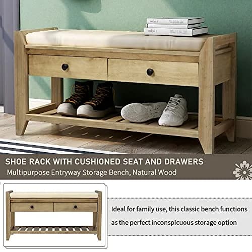 Acosure 39″ Storage Bench with Cushioned Seat and Drawers | Wooden Entryway Ottoman with Hidden Compartment thumbnail 7