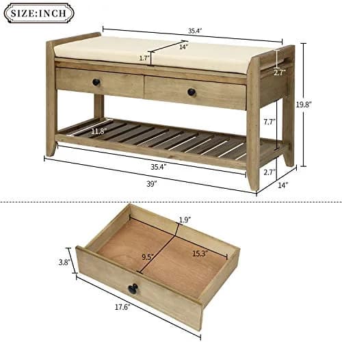Acosure 39″ Storage Bench with Cushioned Seat and Drawers | Wooden Entryway Ottoman with Hidden Compartment thumbnail 2