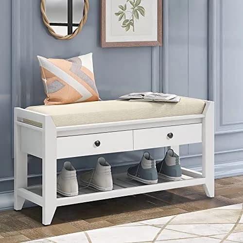 Acosure 39″ Storage Bench with Cushioned Seat and Drawers | Wooden Entryway Ottoman with Hidden Compartments thumbnail 1
