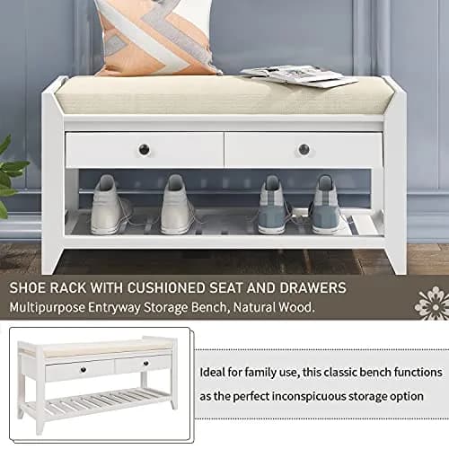 Acosure 39″ Storage Bench with Cushioned Seat and Drawers | Wooden Entryway Ottoman with Hidden Compartments thumbnail 4