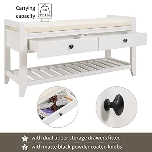 Acosure 39″ Storage Bench with Cushioned Seat and Drawers | Wooden Entryway Ottoman with Hidden Compartments thumbnail 5