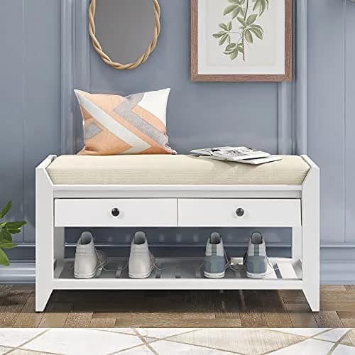 Acosure 39″ Storage Bench with Cushioned Seat and Drawers | Wooden Entryway Ottoman with Hidden Compartments thumbnail 3