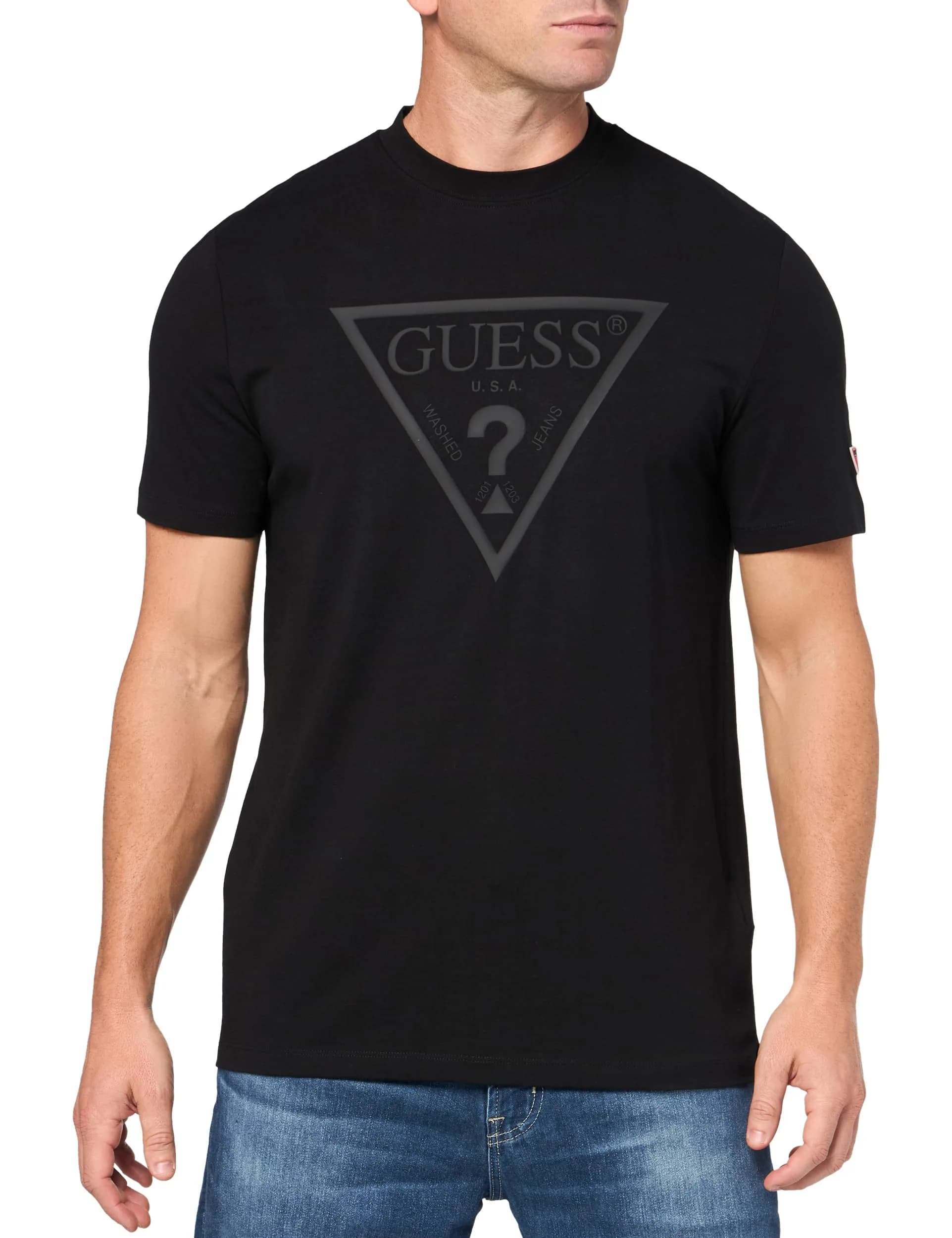 GUESS Eco Tonal Logo Short Sleeve T-Shirt, Jet Black, Large | Organic Cotton, Regular Fit, Casual Style