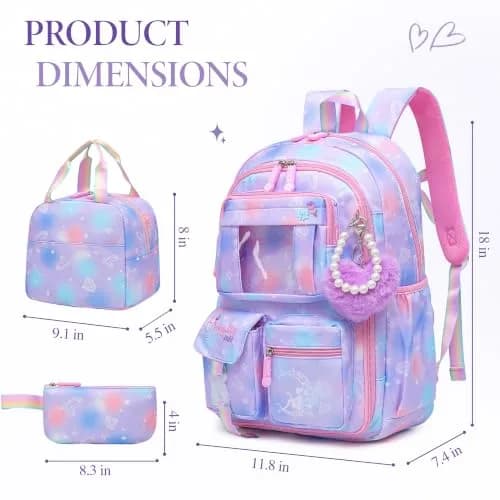 Alrisg Girls Backpack Set 43cm (17 inch) | Cute Purple Bookbag with Lunch Bag & Pencil Case for School thumbnail 7