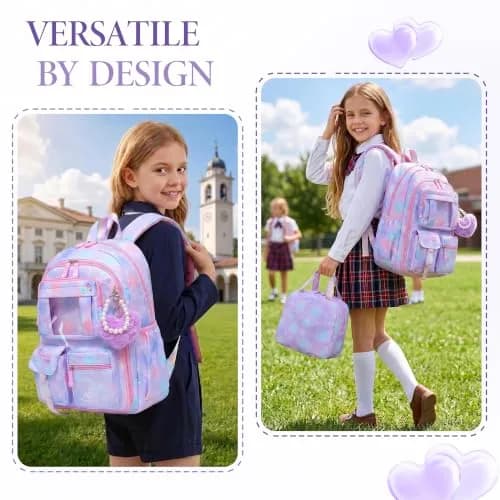 Alrisg Girls Backpack Set 43cm (17 inch) | Cute Purple Bookbag with Lunch Bag & Pencil Case for School thumbnail 8