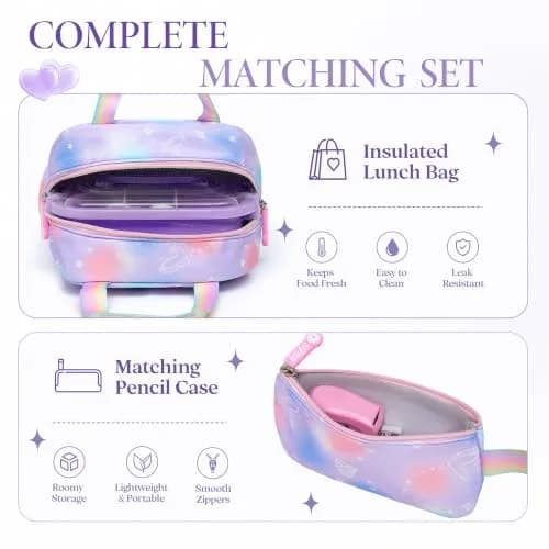 Alrisg Girls Backpack Set 43cm (17 inch) | Cute Purple Bookbag with Lunch Bag & Pencil Case for School thumbnail 3