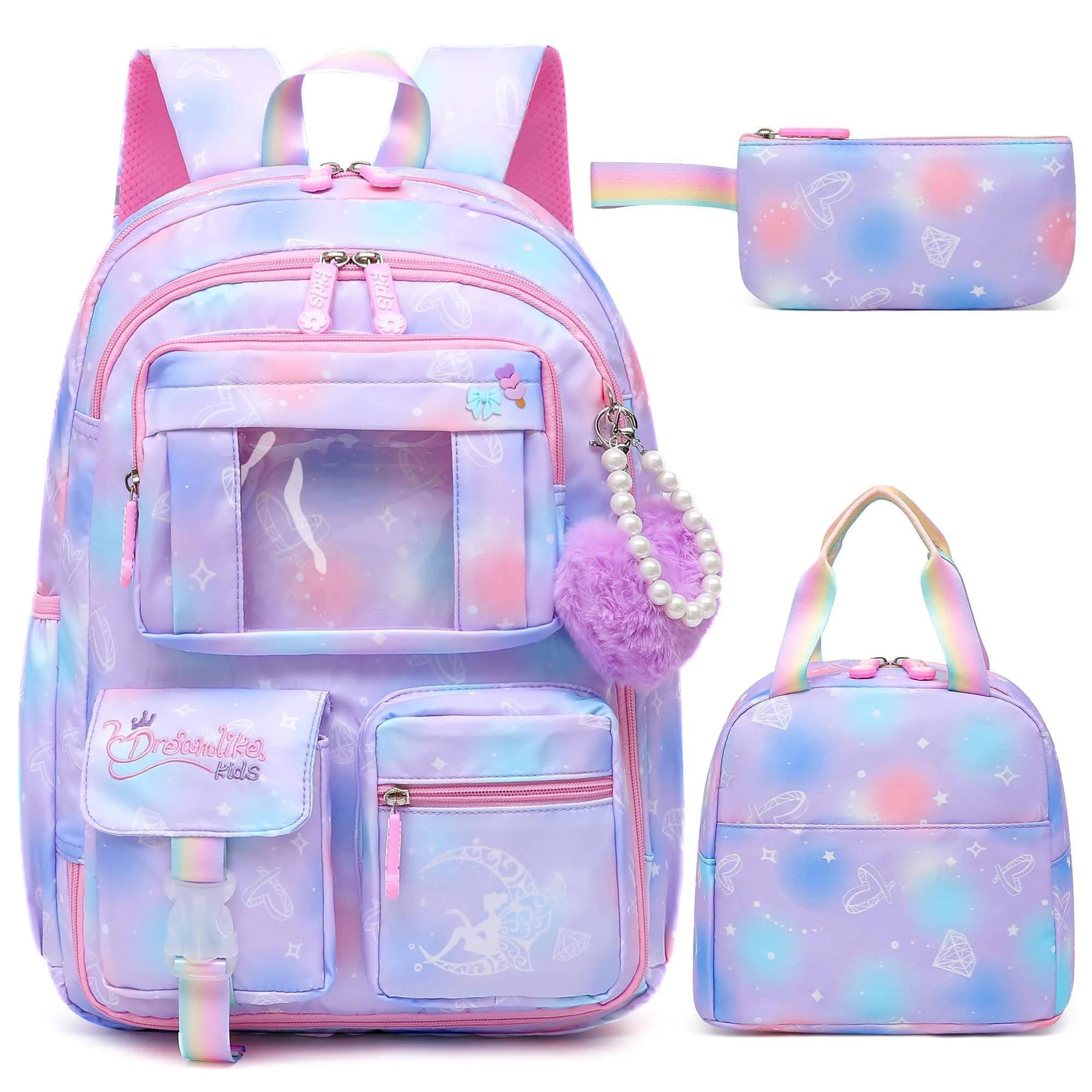 Alrisg Girls Backpack Set 43cm (17 inch) | Cute Purple Bookbag with Lunch Bag & Pencil Case for School - main product image