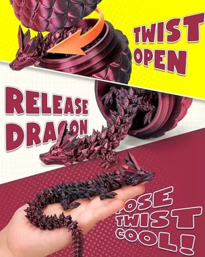 TBOLINE 3D Printed Dragon Egg with Articulated Crystal Dragon Toy, Shadow Crimson, 9.3 cm (2.2 in) | Officially Licensed by Cinderwing3D thumbnail 3