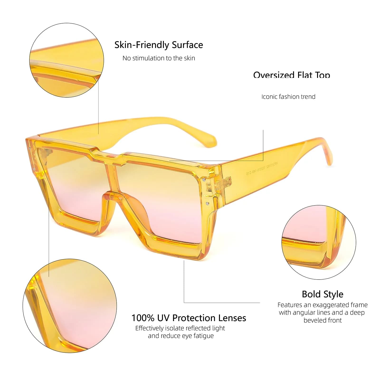 KENBO Oversized Yellow Frame Gradient Yellow Pink Lens Square Sunglasses for Women Men - view 4