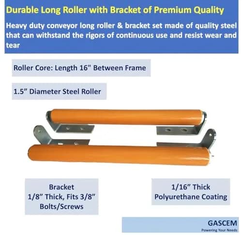 Gascem Polyurethane Coated Long Roller with Bracket Set | 16" Length, 1.5" Diameter Conveyor | Galvanized Steel | Pack of 2 thumbnail 2