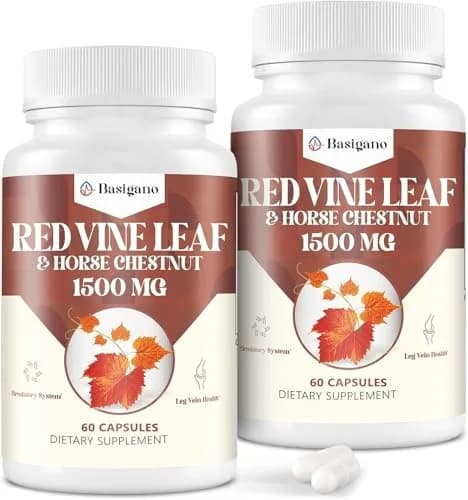 Basigano Red Vine Leaf & Horse Chestnut Extract Capsules 1500mg | Vegan & Natural for Vein & Leg Health thumbnail 1