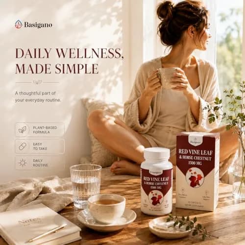 Basigano Red Vine Leaf & Horse Chestnut Extract Capsules 1500mg | Vegan & Natural for Vein & Leg Health thumbnail 4