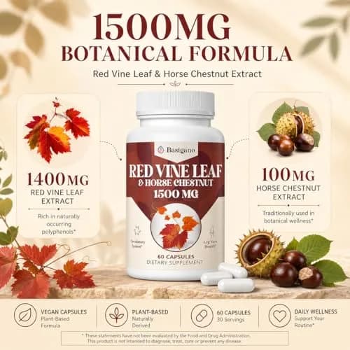 Basigano Red Vine Leaf & Horse Chestnut Extract Capsules 1500mg | Vegan & Natural for Vein & Leg Health thumbnail 3